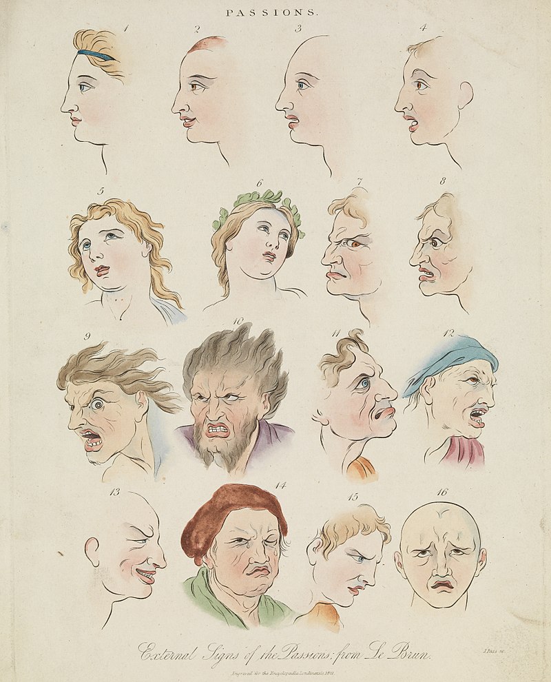 Image from Darwin's book Expression of the Emotions in Man and Animals. The image shows several illustrations of various emotions; from happy to angry. 