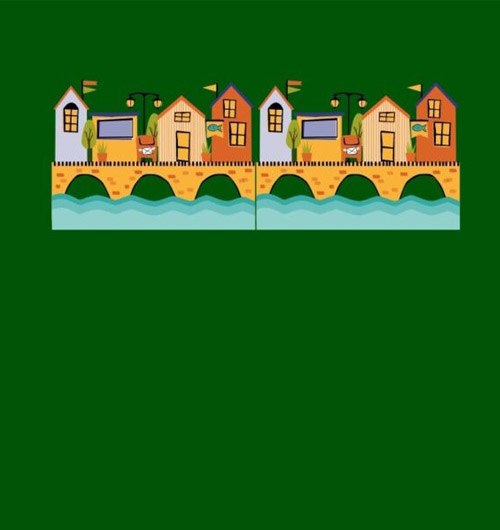 Graphic image of houses on a green background