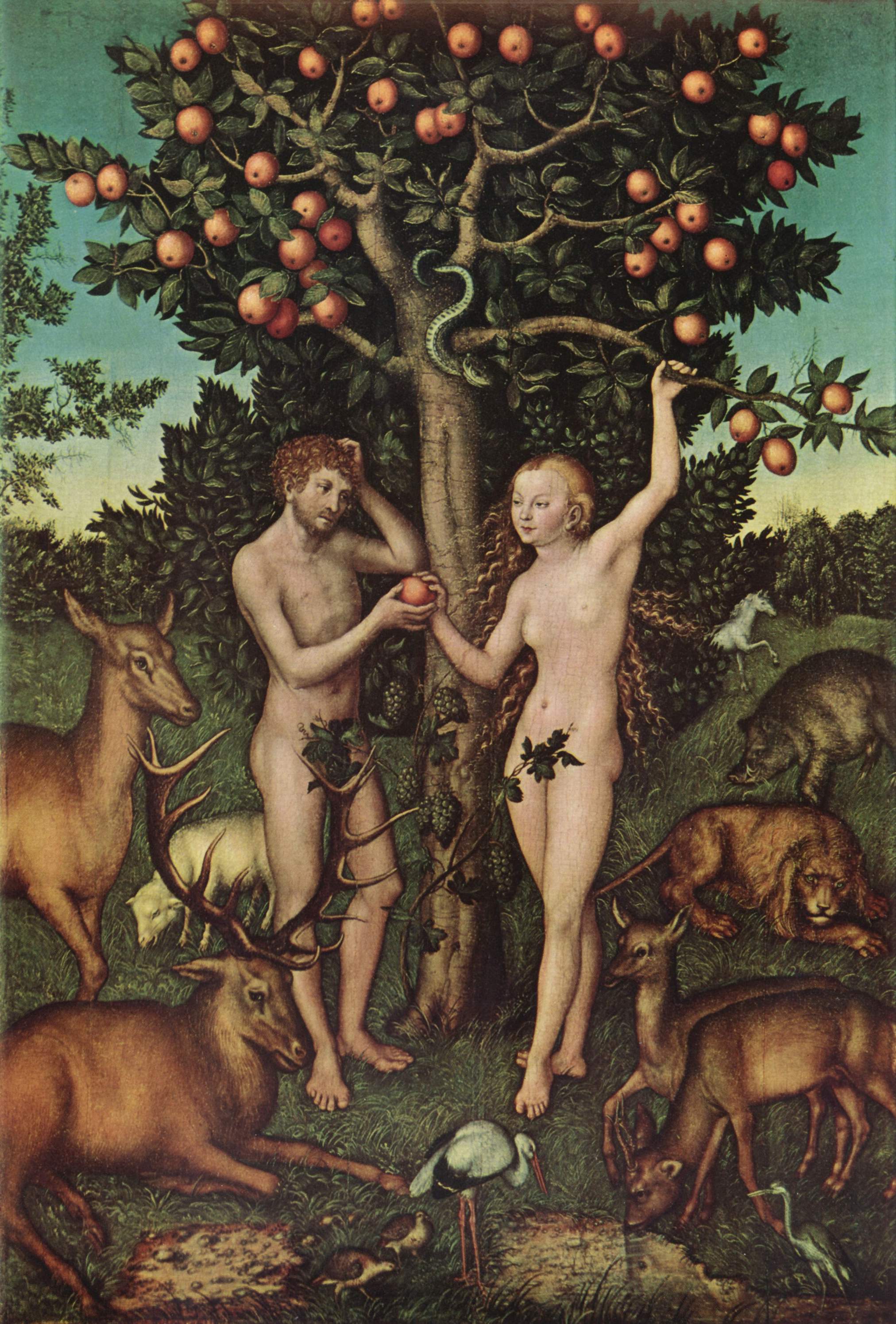 An image of adam and eve and the apple.