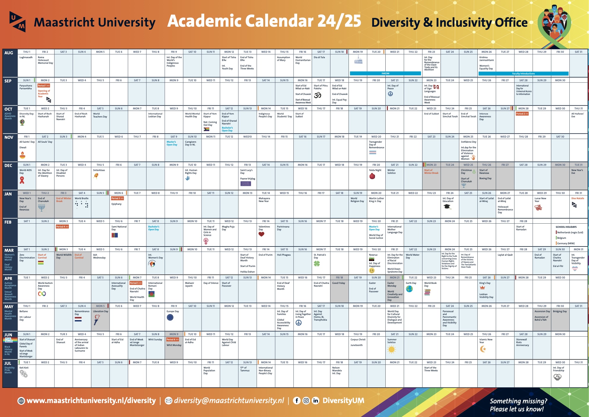 This is a diversity and inclusivity academic calendar for the academic year 2024-2025. It lists significant dates and holidays from August 2024 to July 2025, highlighting various cultural, religious, and international observances such as Lughnasadh, Holocaust Memorial Day, International Day of the World's Indigenous Peoples, Assumption of Mary, and many others. Each month is displayed with corresponding events. The calendar also includes important academic dates like the start of the academic year, exam per