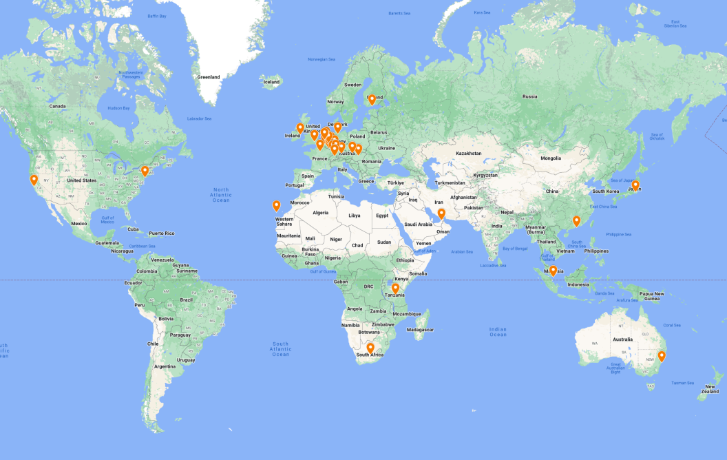 Kaart van alumni kringen wereldwijd