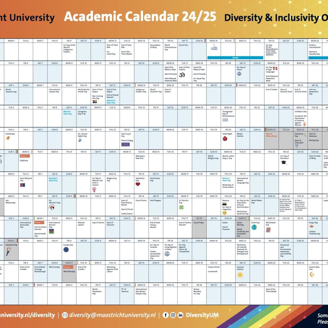 This is a diversity and inclusivity academic calendar for the academic year 2024-2025. It lists significant dates and holidays from August 2024 to July 2025, highlighting various cultural, religious, and international observances such as Lughnasadh, Holocaust Memorial Day, International Day of the World's Indigenous Peoples, Assumption of Mary, and many others. Each month is displayed with corresponding events. The calendar also includes important academic dates like the start of the academic year, exam per