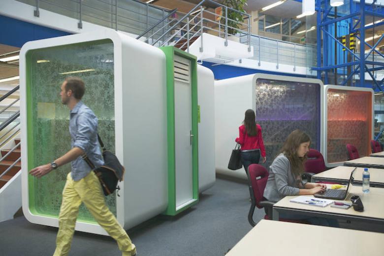 Colourfull study boxes at Maastricht University library